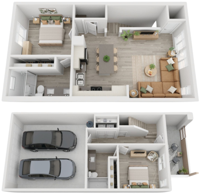 two floor plans with two car garage and living room at The Town Arlington