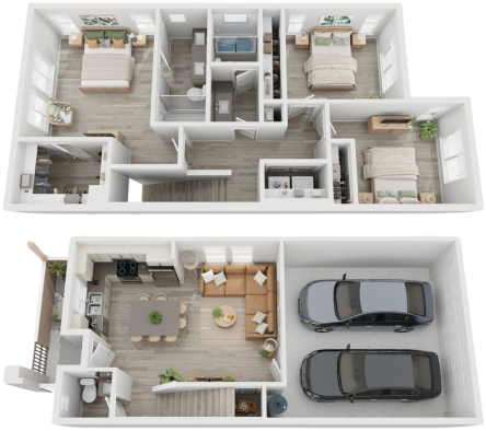 two floor plans with two cars and a living room at The Town Arlington